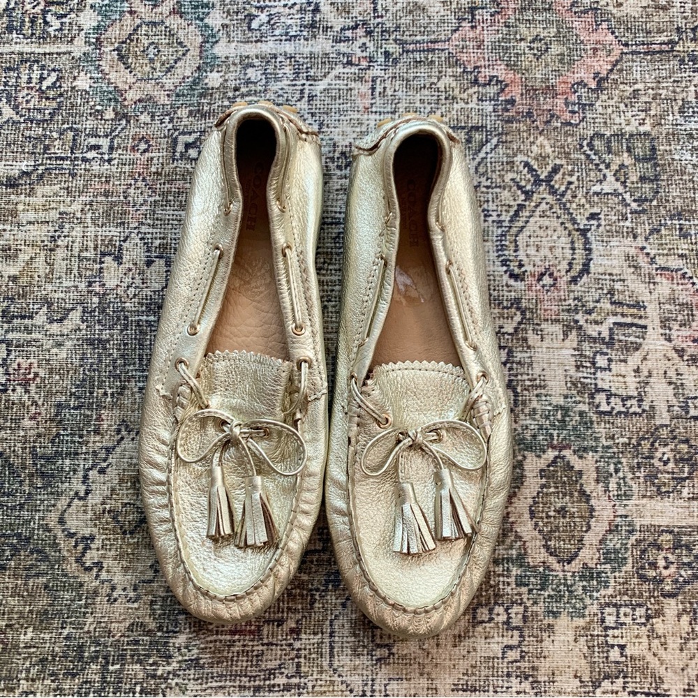Gold Leather Coach Driving Loafers Size 9